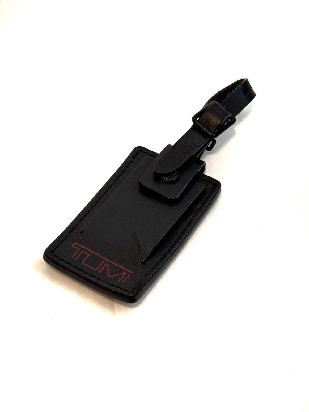 Tumi Black Leather Luggage ID Tag with Red Logo